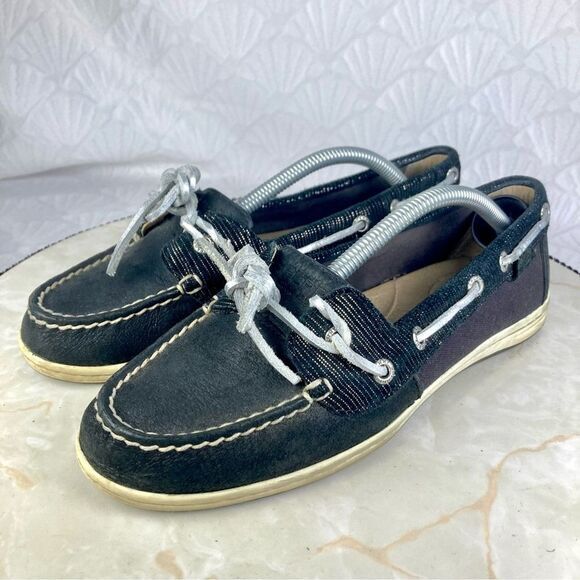 Sperry Shoes Women 7 Black Leather Classic Nautical Driving Slip On Boat Loafers - Picture 5 of 10